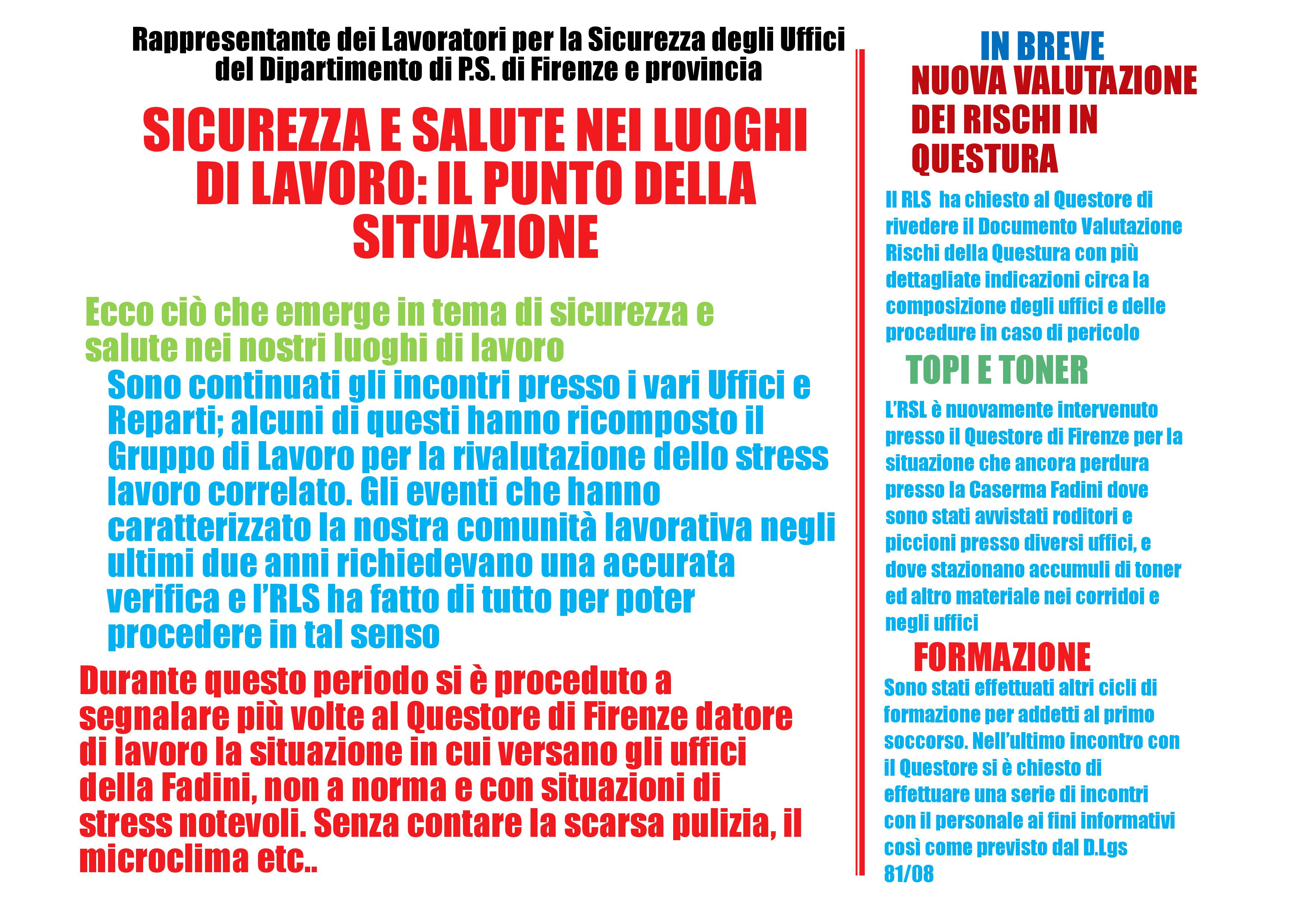 Sicurezza e salute nei luoghi di lavoro – Comunicato del RLS degli Uffici di PS di Firenze e provincia